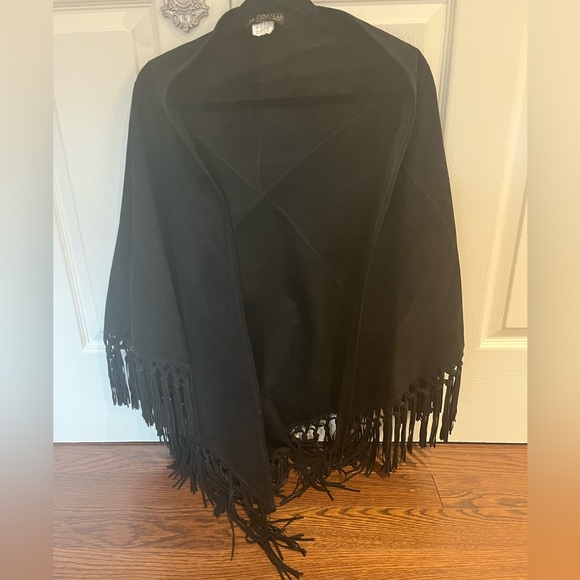 Pinotti made in Italy Black Leather/Suede fringe shawl - Picture 3 of 9